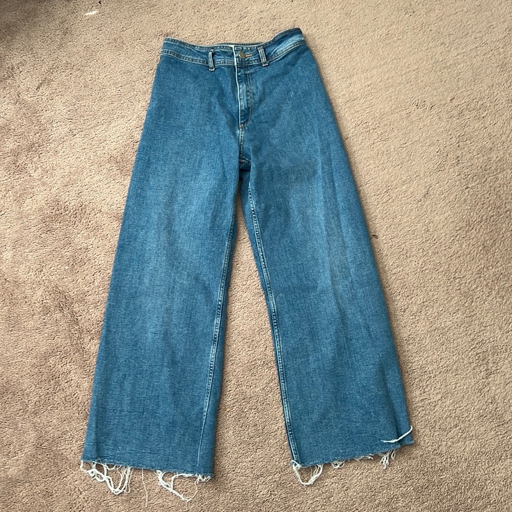 Zara Wide Leg Flare Jeans in Medium Blue Denim